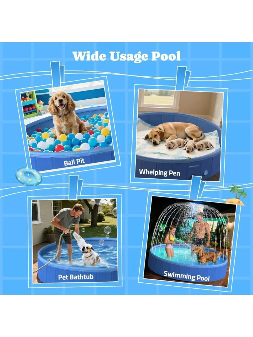 72” Foldable Dog Pool with Sprinkler & LED Light - Portable Pet Bathing Tub for